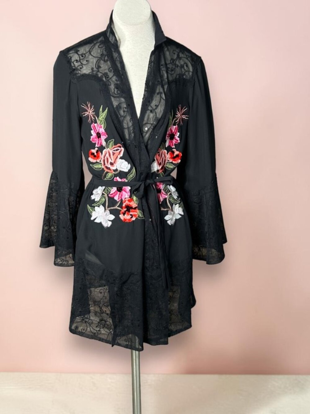 Adrienne Landau Black Embroidered Floral Lace Flutter Sleeve Robe NWT